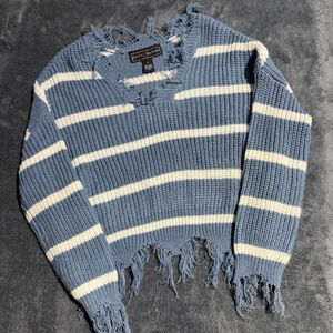 Poly & Esther Women's Sweater Size S Blue Striped Acrylic Long Sleeve V-Neck Top